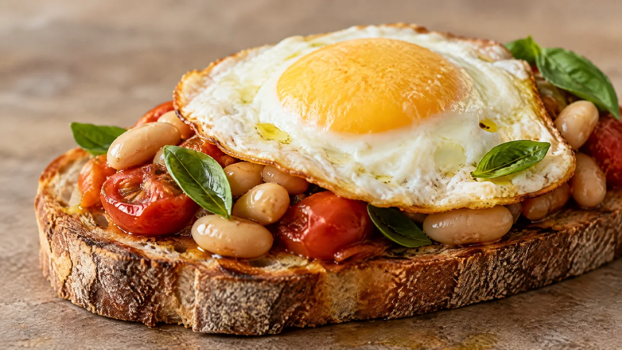 Nahaufnahme von Tomaten-Bohnen-Toast mit vollständig gestocktem Spiegelei, Basilikum und Olivenöl.