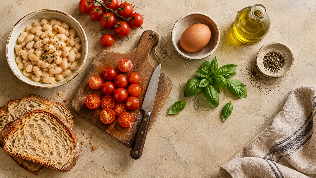 Kirschtomaten, weiße Bohnen, Ei, Sauerteigbrot und Basilikum für die Zubereitung des Toasts.