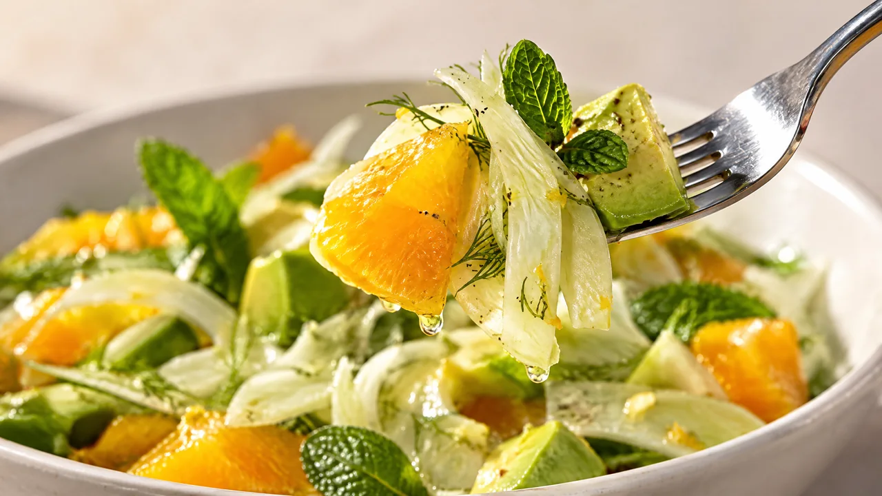 Ein Gabelbissen mit Orange, fein gehobeltem Fenchel, Avocado und Minze über einer Schüssel mit frischem Salat.