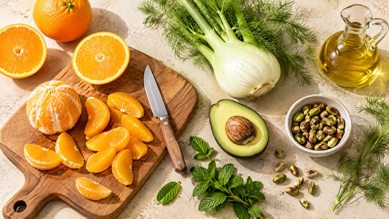 Orangenspalten, Fenchel, Avocado, Minze, Pistazien und Olivenöl für den Salat vorbereitet.