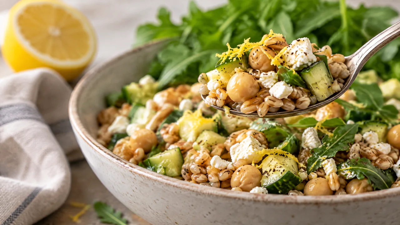 Cullerada de farro, cigrons, cogombre i feta amb ratlladura de llimona.