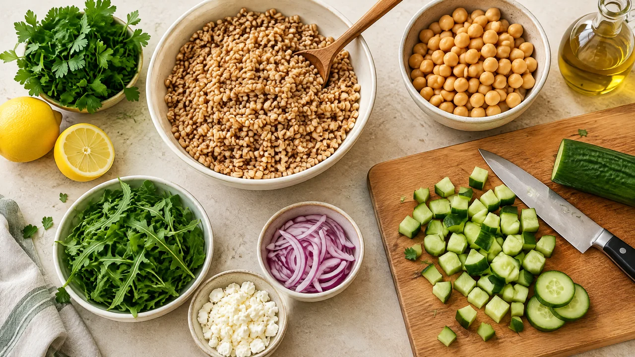 Farro, cigrons, cogombre, llimona, ceba vermella, julivert i feta per a una amanida de cereals.