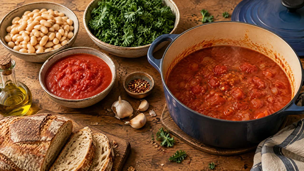 Weiße Bohnen, Grünkohl, Tomatensoße, Knoblauch, Chiliflocken und Brot, bereit zum Schmoren.