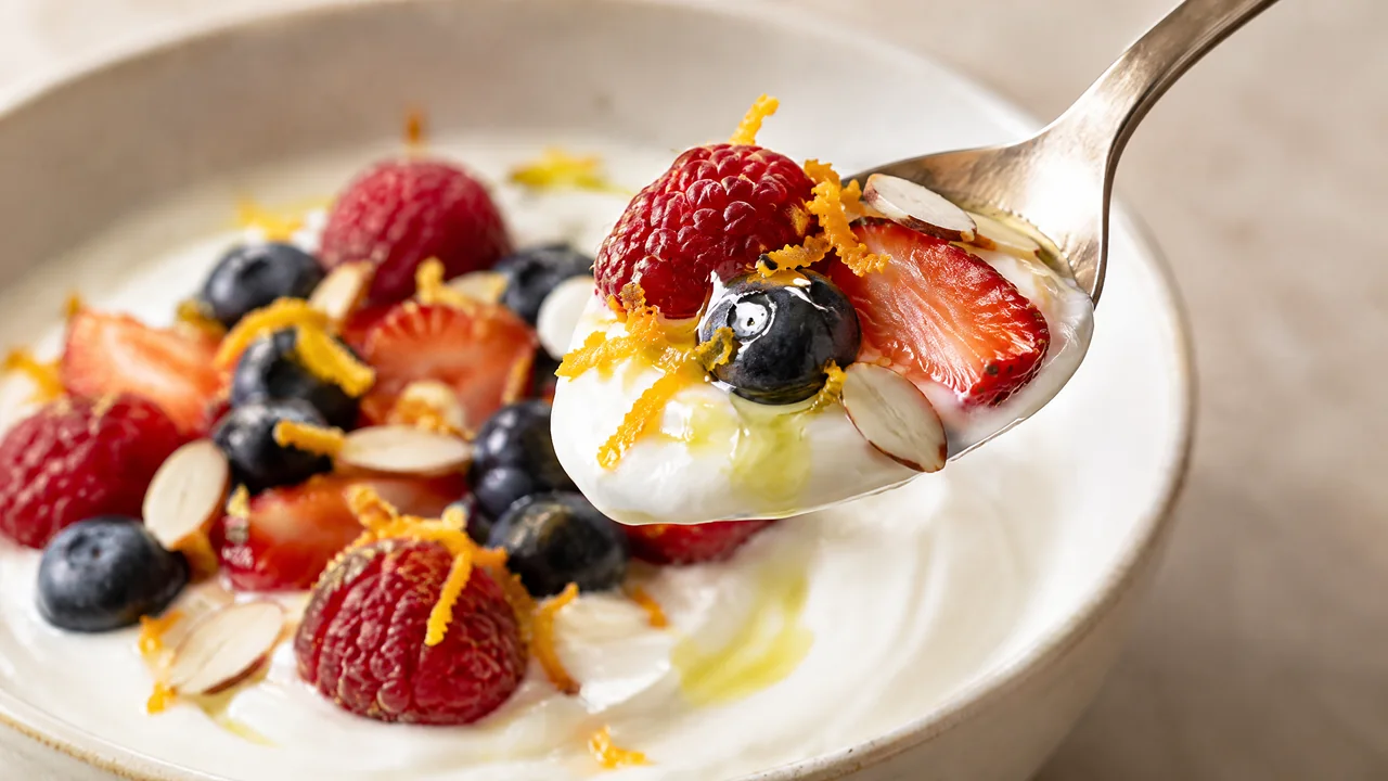 Spoonful of plain yogurt with berries, orange zest, olive oil and sliced almonds.