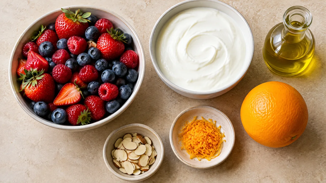 Plain yogurt, mixed berries, orange zest, olive oil and sliced almonds arranged for preparation.