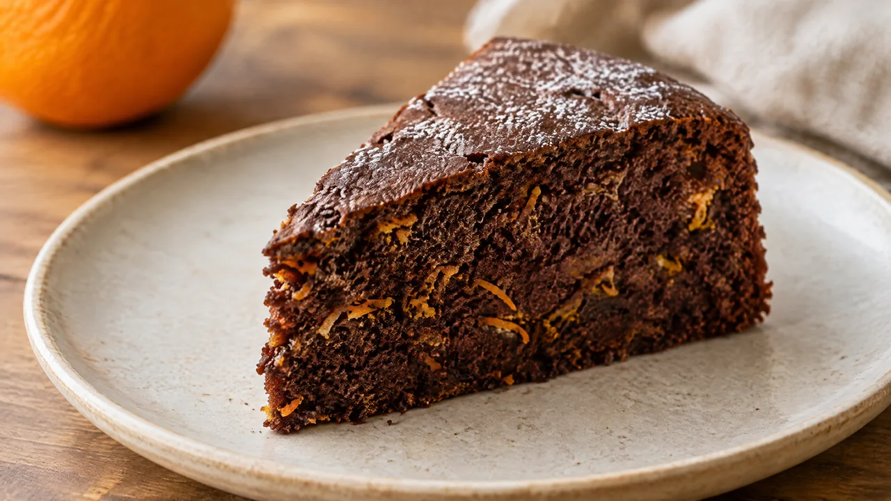 Primer plano de una porción de bizcocho de chocolate y naranja con aceite de oliva, ligeramente espolvoreada con azúcar glas.