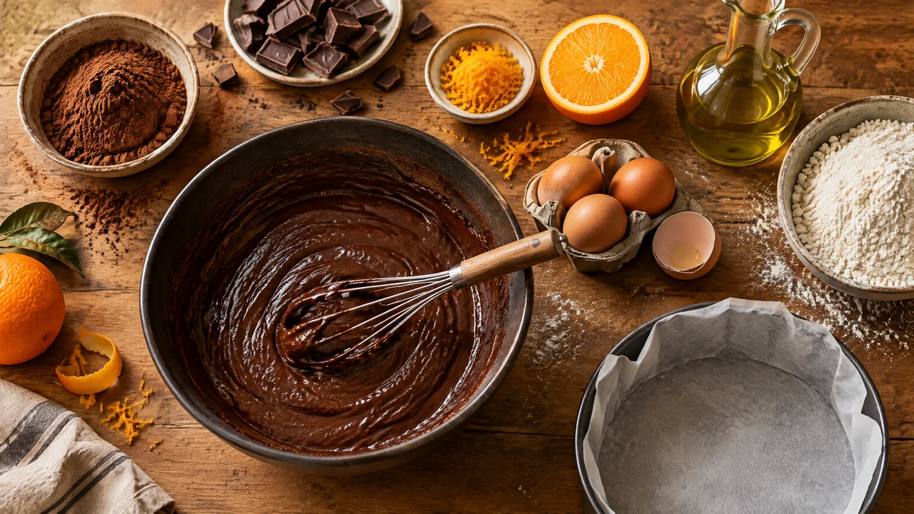 Masa de bizcocho de chocolate con cacao, naranjas, huevos, harina, aceite de oliva y un molde forrado.