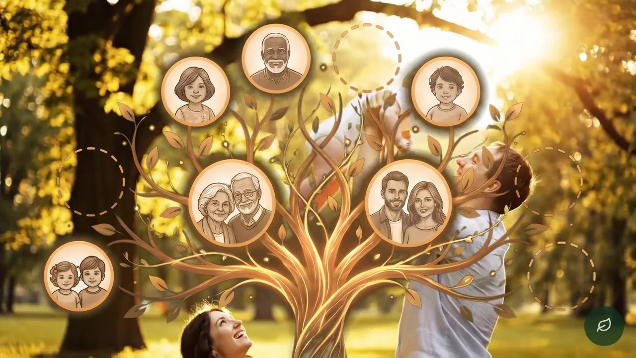 An illustrated family tree with generations of family portraits in warm sunlight