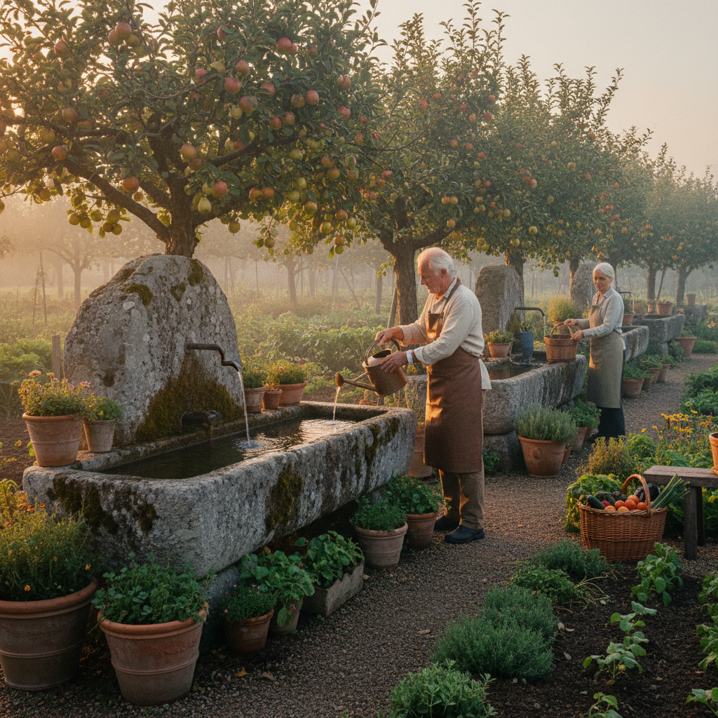 Rainwater Cisterns in the Orchard: Stone Troughs and Morning Watering Rituals
