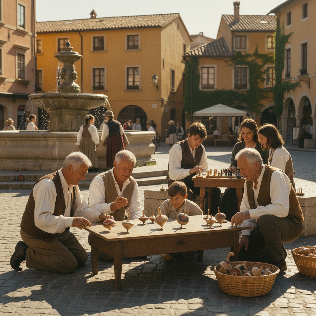 Handmade Wooden Spinning Tops: Street Tournaments on Sunlit Plazas