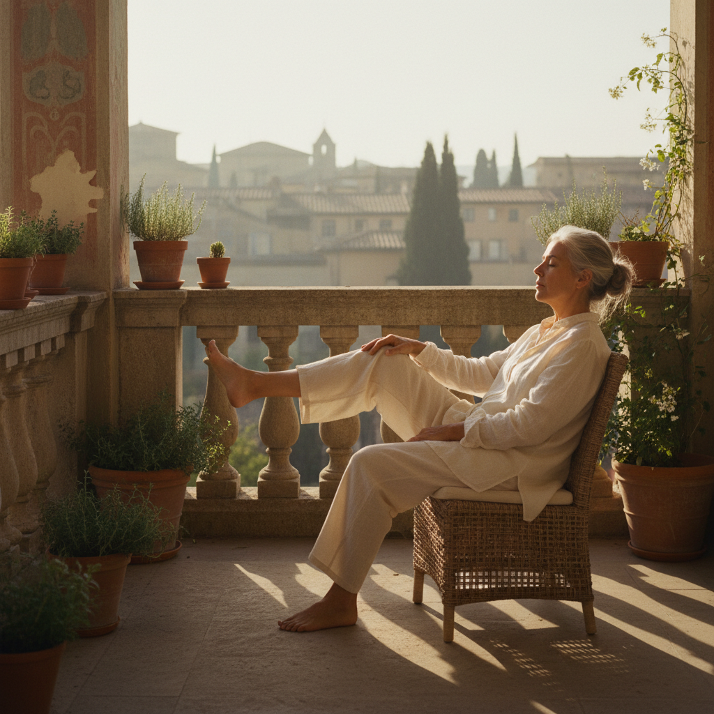 Morning Balcony Mobility: Gentle Ankle Rotations and Soft Breathing in Sunlight