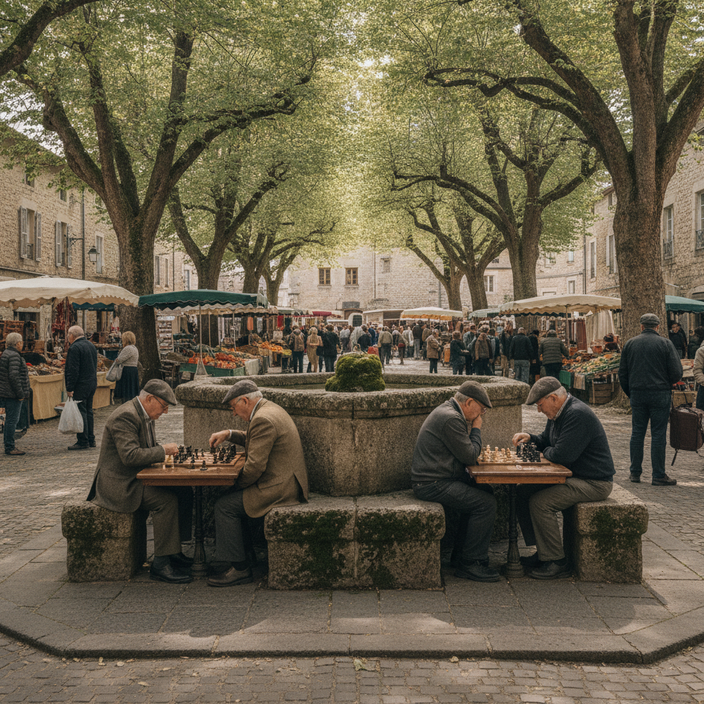 Stone Fountain Chess Benches: Strategic Matches Under Plane Tree Canopies
