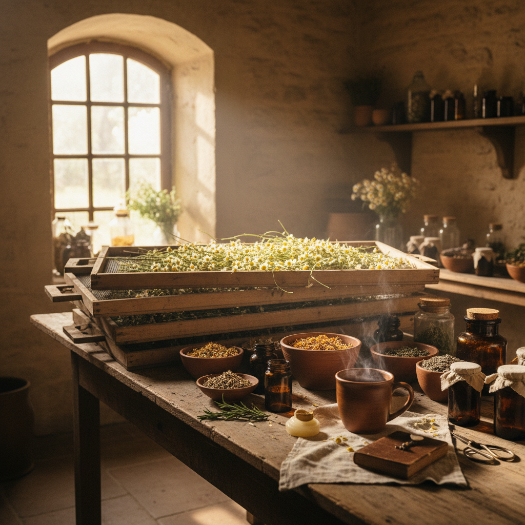 Chamomile Flower Drying on Screens: Calming Evening Infusions from the Garden