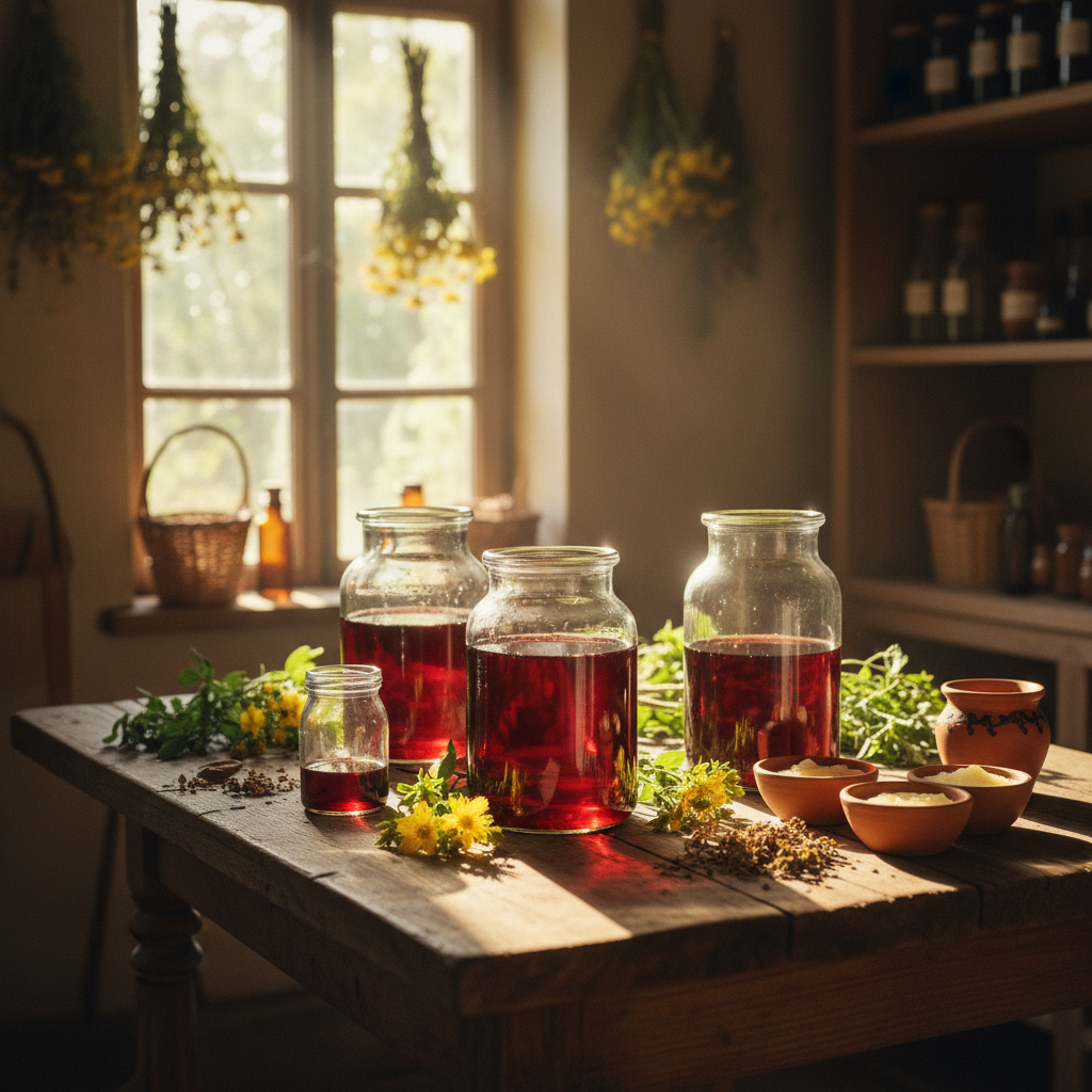 St. John's Wort Red Maceration Oil: Sunlight Infusions in Glass Jars for Strained Muscles