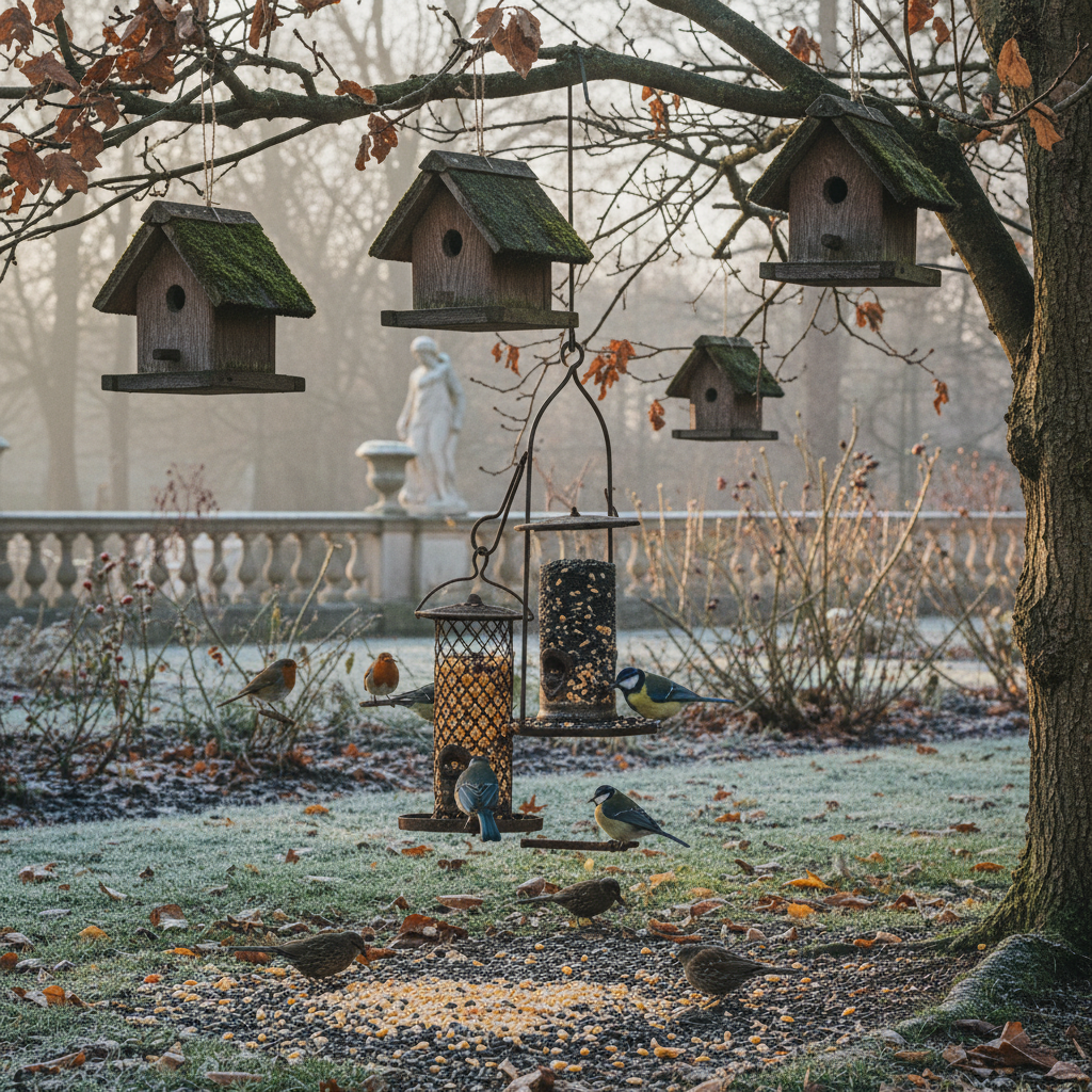 Winter Bird Feeders: Sunflower Seeds, Wooden Birdhouses, and Garden Visitors