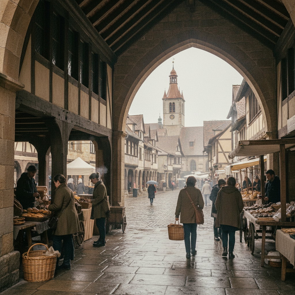 Arcaded Medieval Walkways: Staying Dry on Rainy Shopping Mornings