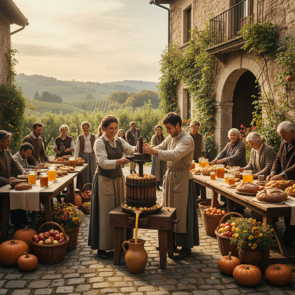Pressing Fresh Apple Cider in the Courtyard: Sweet Flowing Juice from the Hand Press