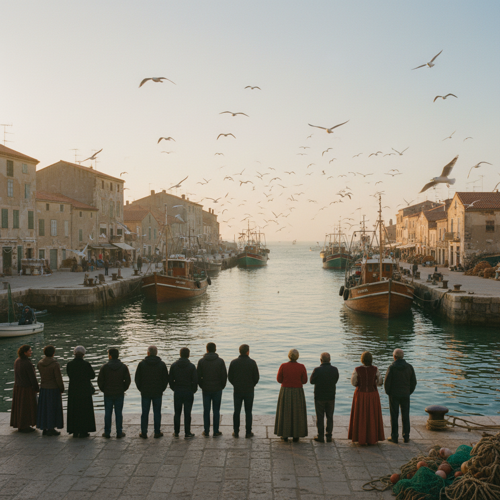 Watching the Evening Trawlers Return: Gulls Wheeling Above Green Harbour Water