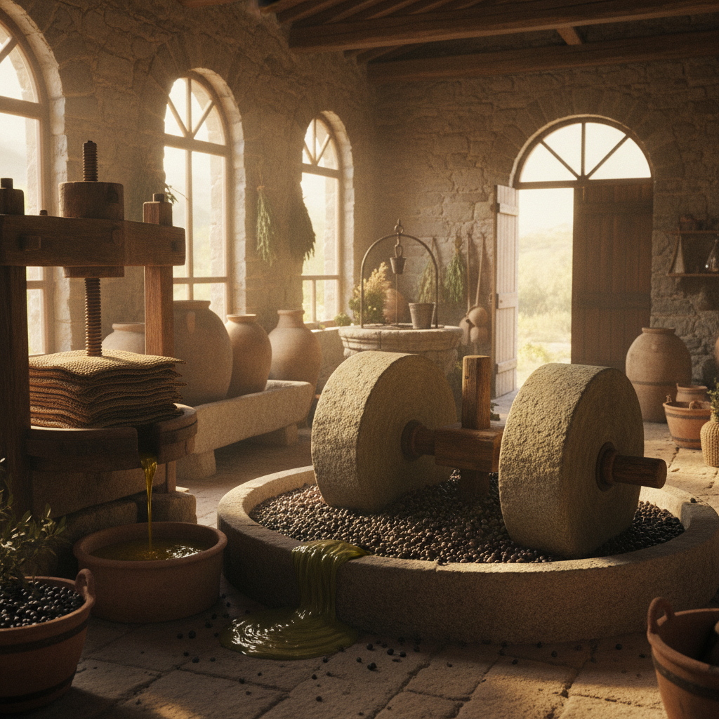 The Stone Olive Mill: Granite Rollers Crushing Autumn Olives to Cold Oil