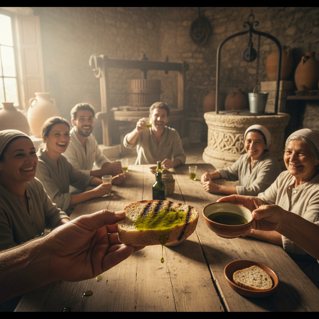 Tasting the First Green Oil on Grilled Bread: Peppery Notes and Family Cheers
