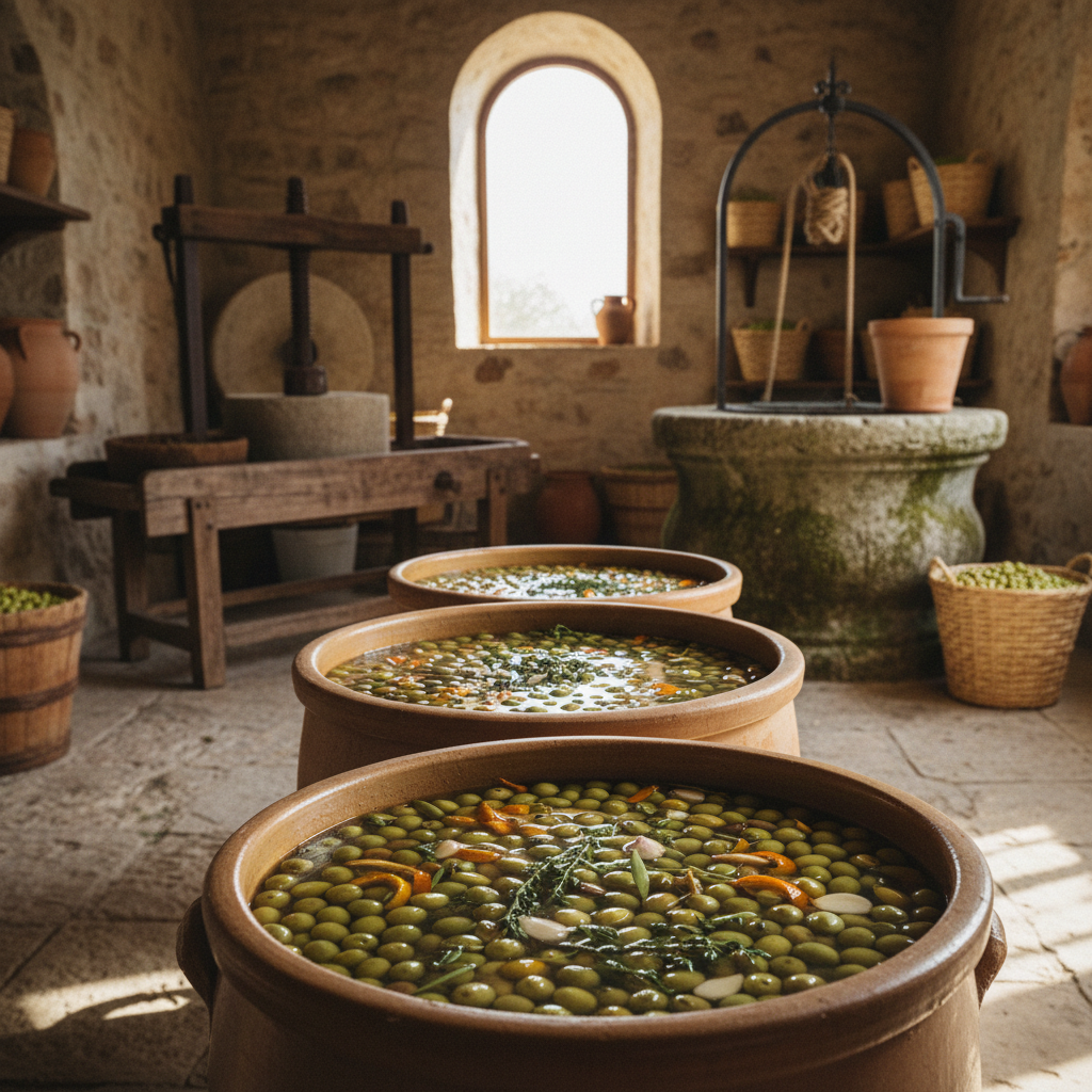 Curing Green Olives in Brine: Scented with Wild Thyme, Orange Peel, and Garlic
