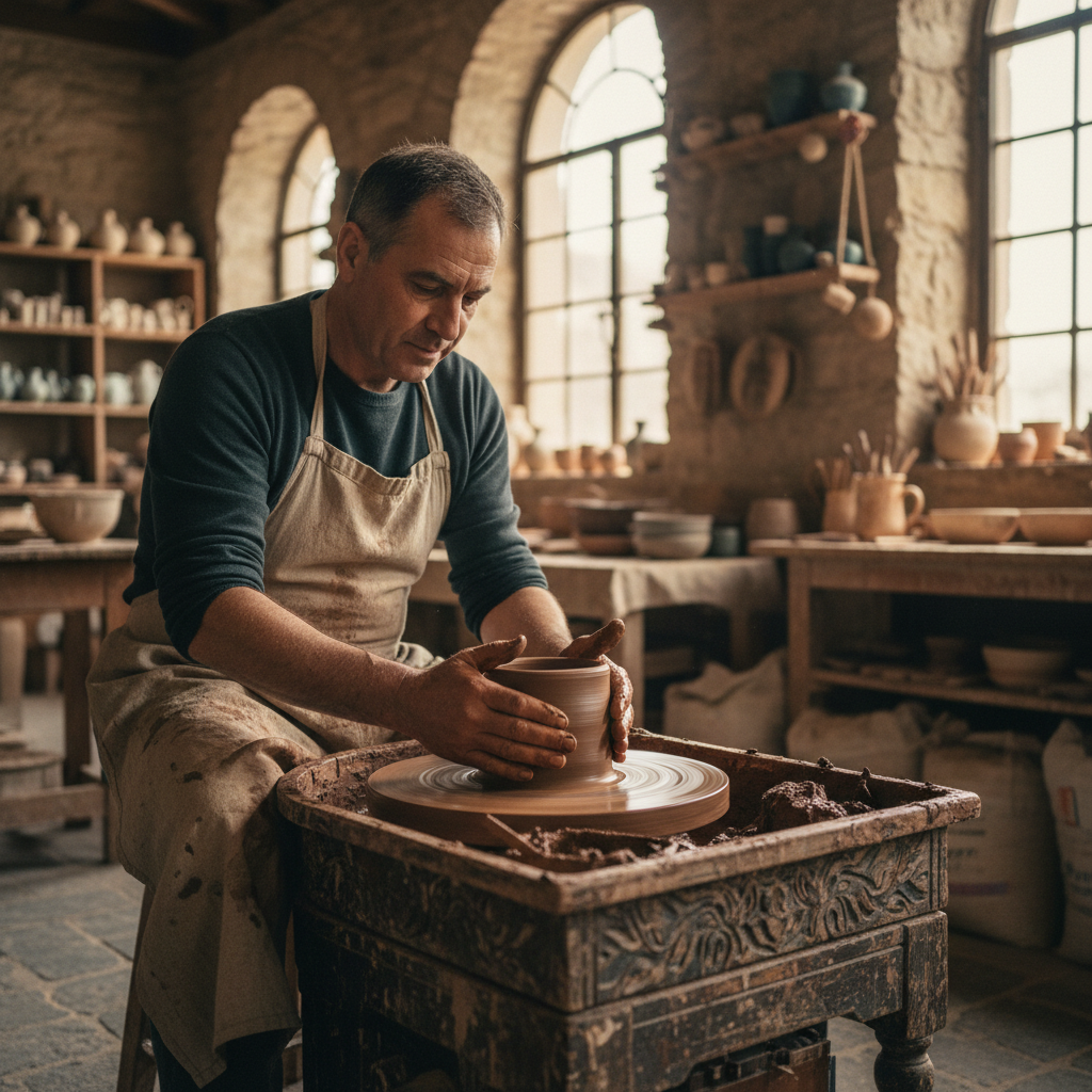 The Potter's Kick Wheel: Centering Red Terracotta Clay with Wet Palms