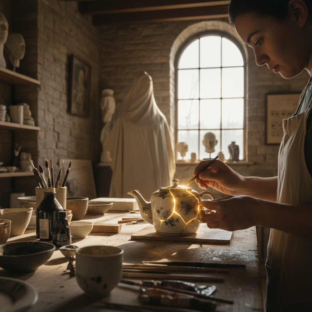 Restoring a Cracked Porcelain Teapot with Japanese Kintsugi Gold Lacquer