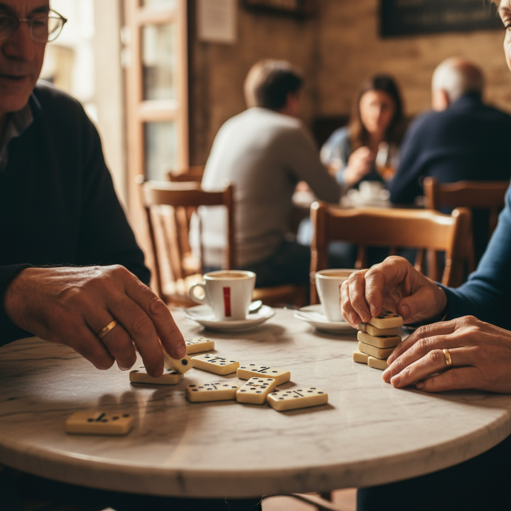 Domino Games at the Village Bar: Clattering Tiles on Marble Cafe Tables — visual companion 2