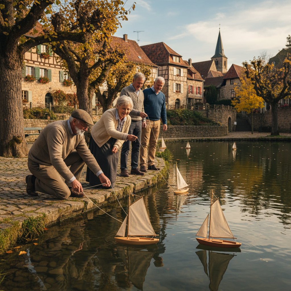Model Sailboats on the Village Pond: Hand-Carved Pine Hulls and String Rudders — visual companion 3