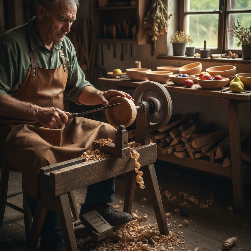 The Woodturner's Treadle Lathe: Bowls Shaped from Fallen Orchard Fruitwoods — visual companion 2