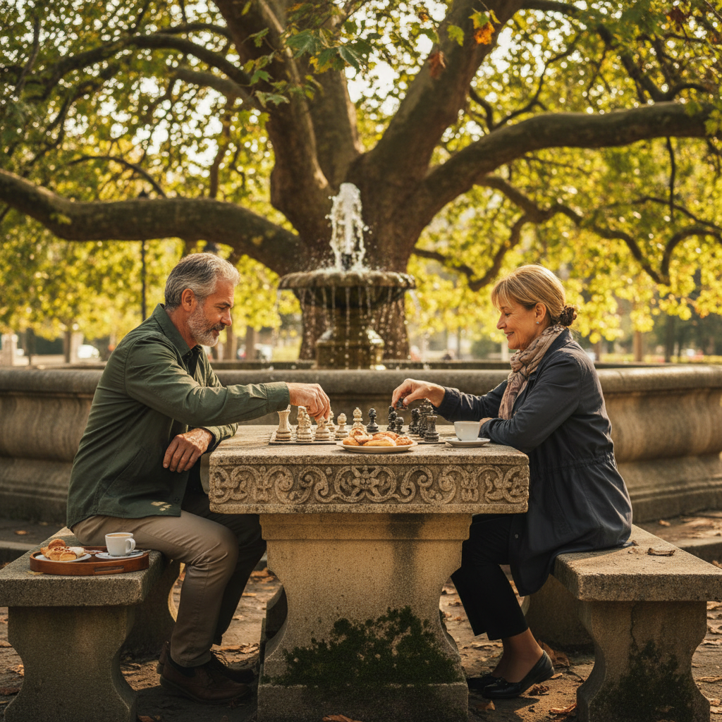 Stone Fountain Chess Benches: Strategic Matches Under Plane Tree Canopies — visual companion 2