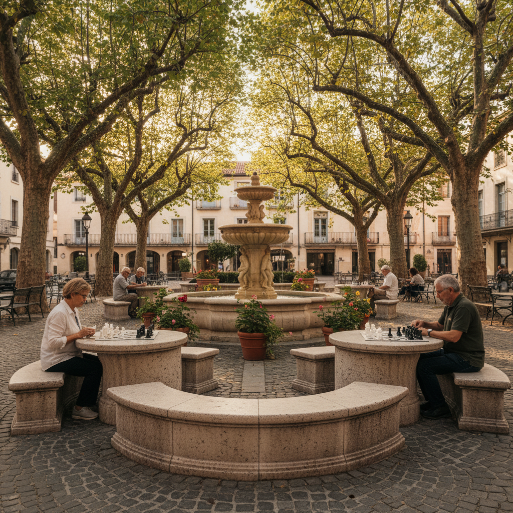 Stone Fountain Chess Benches: Strategic Matches Under Plane Tree Canopies — visual companion 3