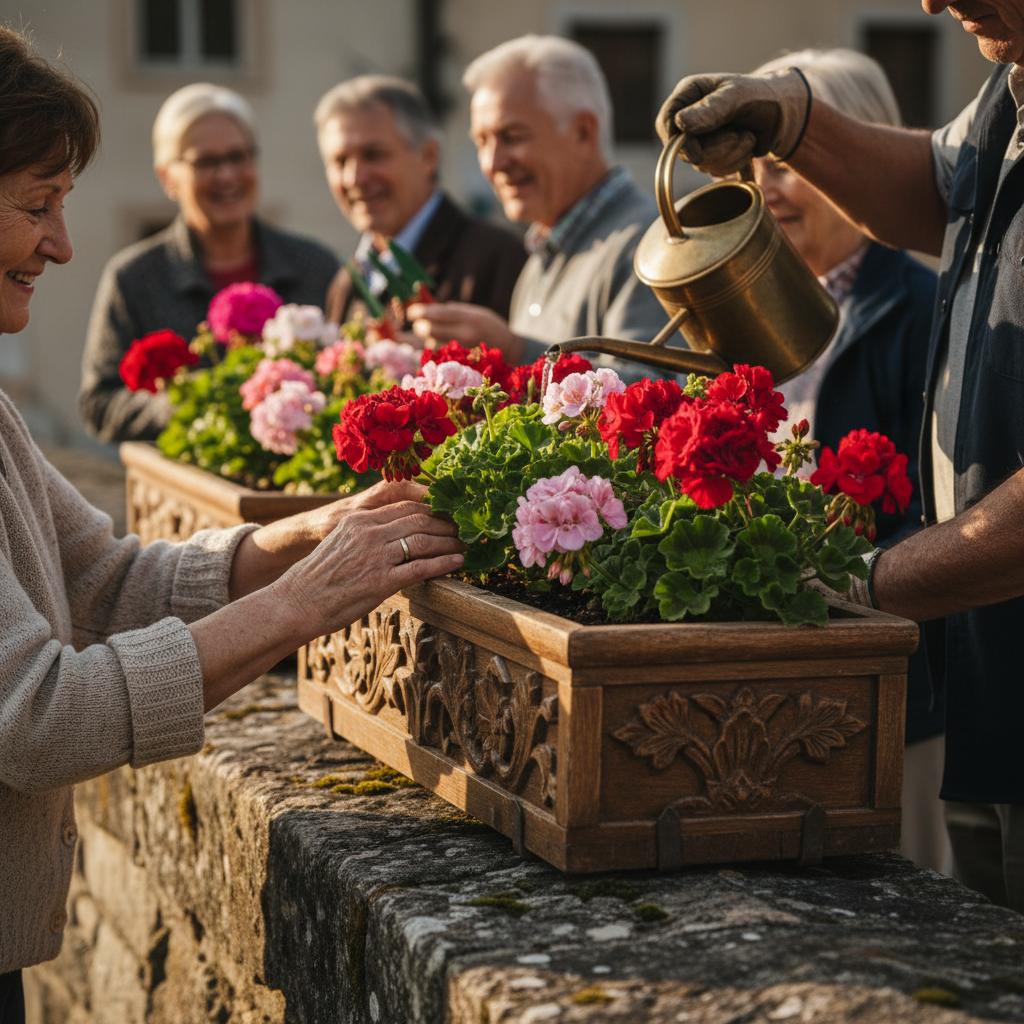 Shared Flower Boxes on the Bridge: Village Volunteers and Geranium Watering — visual companion 2