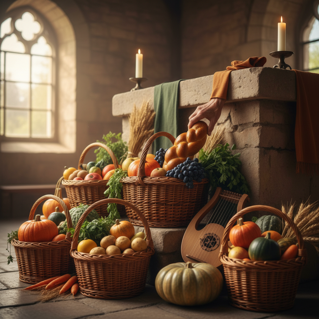 Harvest Festival Produce Baskets: Community Donations Gathered at the Altar — visual companion 2