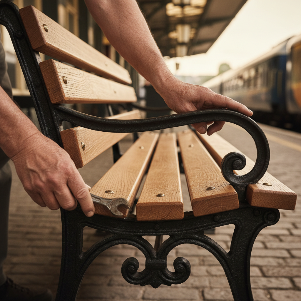 Platform Benches Dedicated to Railway Workers: Oak Slats and Solid Cast Iron — visual companion 2