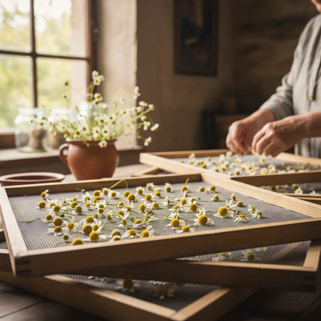 Chamomile Flower Drying on Screens: Calming Evening Infusions from the Garden — visual companion 2