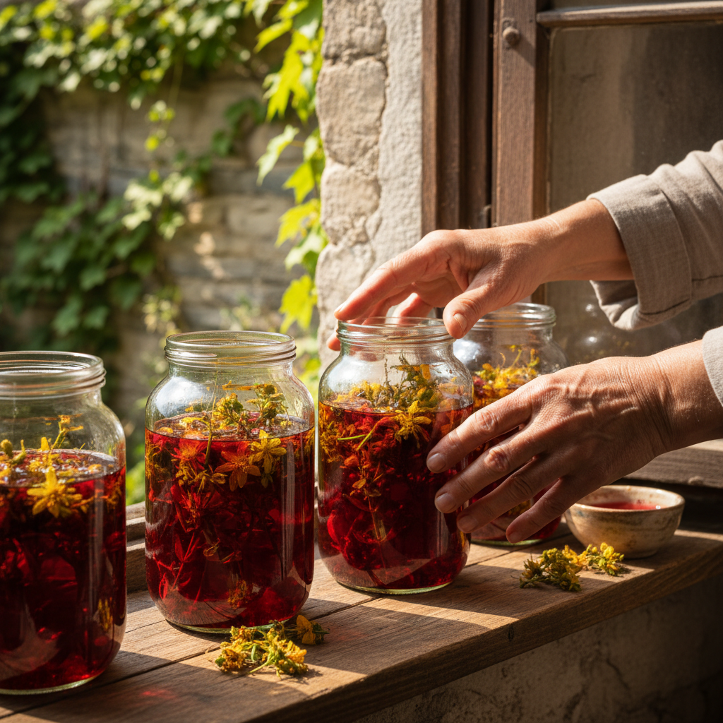 St. John's Wort Red Maceration Oil: Sunlight Infusions in Glass Jars for Strained Muscles — visual companion 2