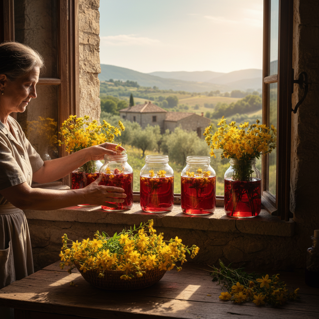 St. John's Wort Red Maceration Oil: Sunlight Infusions in Glass Jars for Strained Muscles — visual companion 3