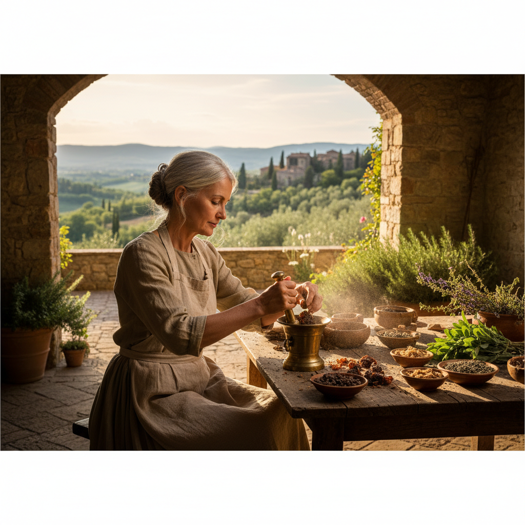 The Herbalist's Pestle and Mortar: Brass Vessels Grinding Aromatic Resins — visual companion 3