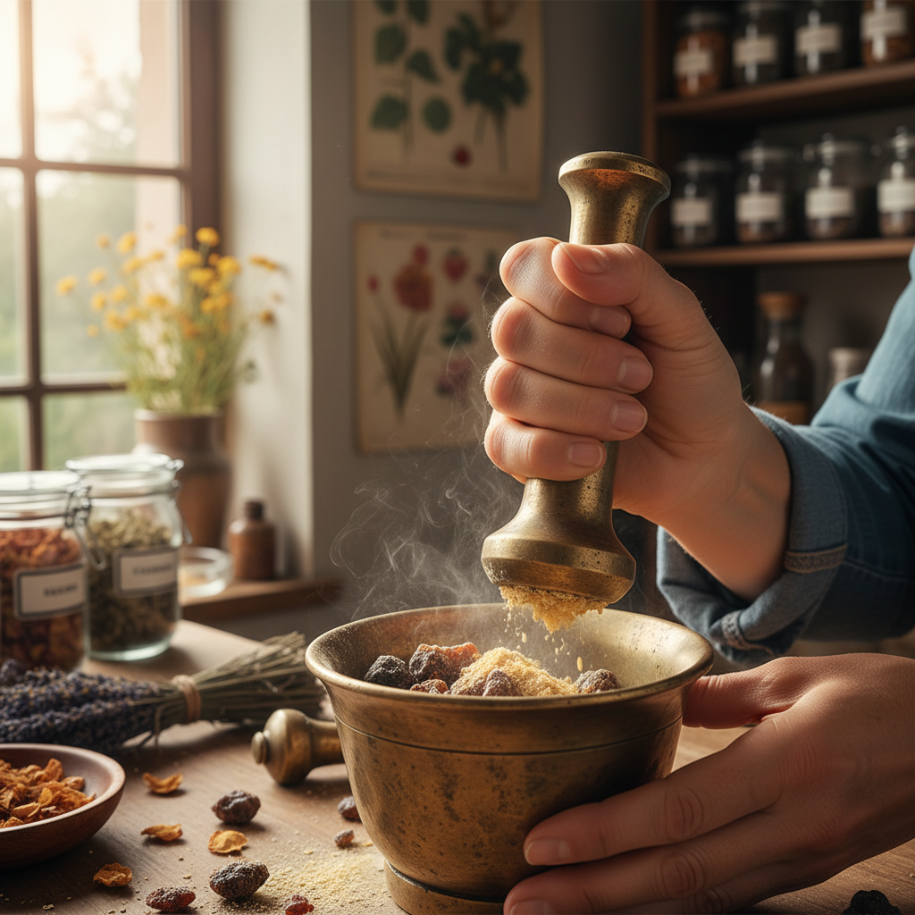 The Herbalist's Pestle and Mortar: Brass Vessels Grinding Aromatic Resins — visual companion 2