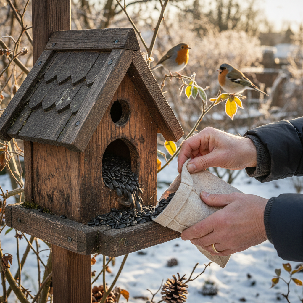 Winter Bird Feeders: Sunflower Seeds, Wooden Birdhouses, and Garden Visitors — visual companion 2