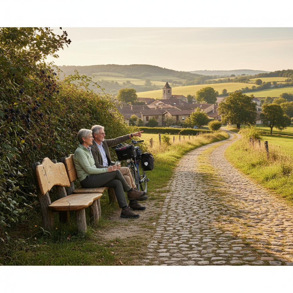 Country Lane Cycle Benches: Wooden Rests Beside Blackberry Brambles — visual companion 3