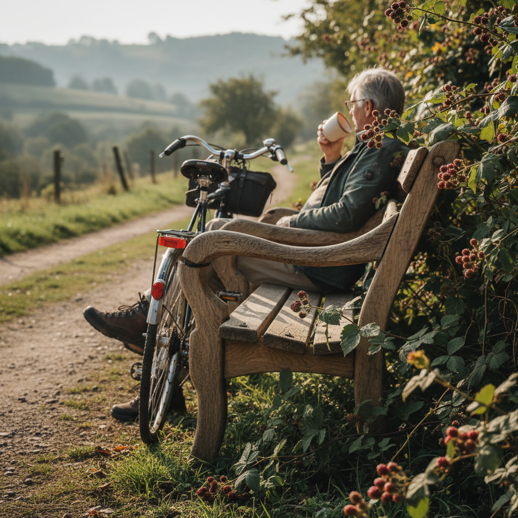 Country Lane Cycle Benches: Wooden Rests Beside Blackberry Brambles — visual companion 2