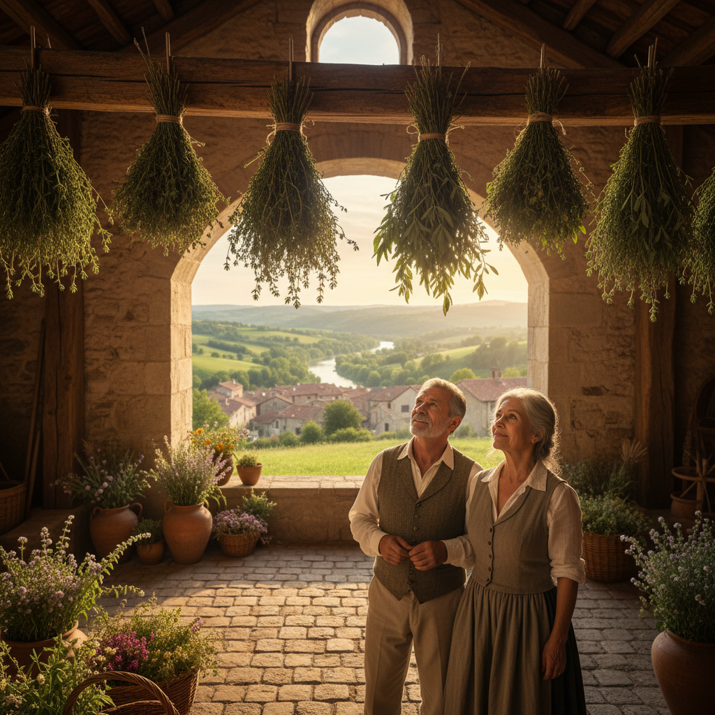 Drying Herbs from Exposed Oak Beams: Bundles of Thyme and Sage Overhead — visual companion 3