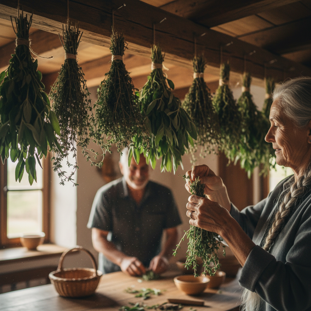 Drying Herbs from Exposed Oak Beams: Bundles of Thyme and Sage Overhead — visual companion 2