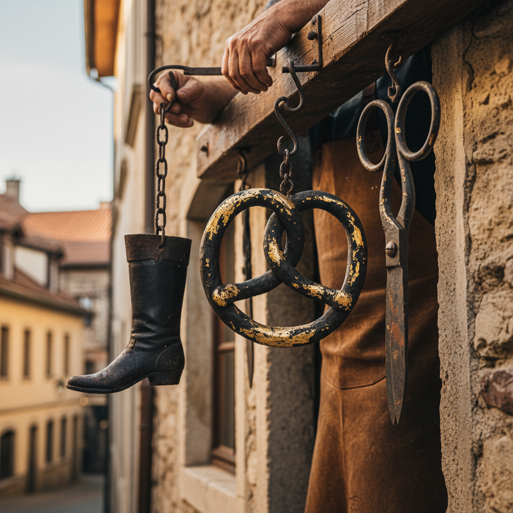 Wrought-Iron Guild Signs: Gilded Pretzels, Boots, and Scissors Hanging Overhead — visual companion 2