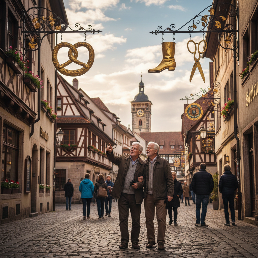 Wrought-Iron Guild Signs: Gilded Pretzels, Boots, and Scissors Hanging Overhead — visual companion 3