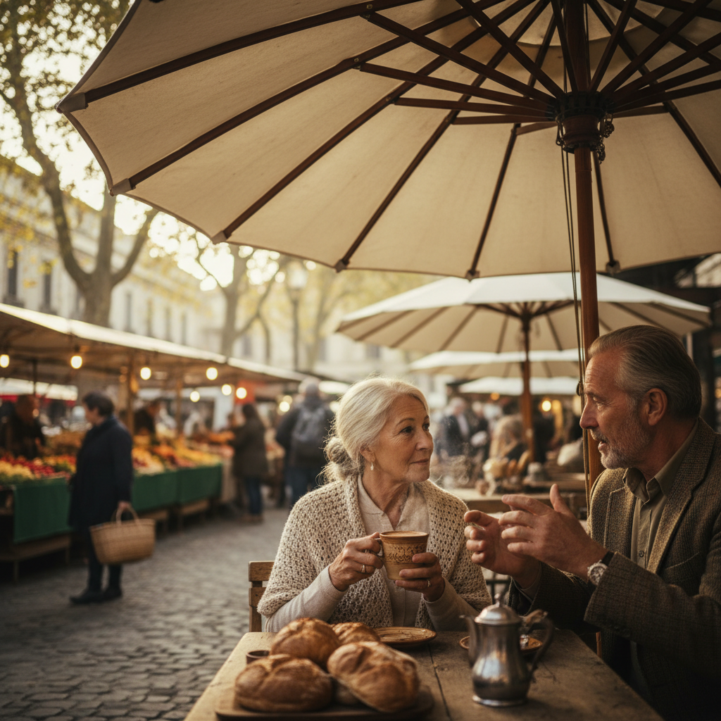 Café Umbrellas in the Square: Watching the Morning Market Unfold Over Coffee — visual companion 2