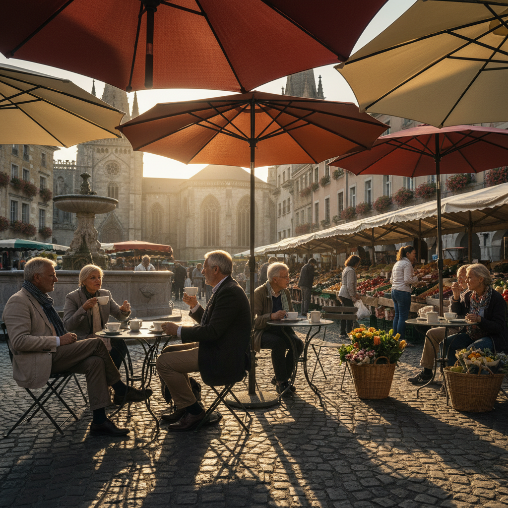 Café Umbrellas in the Square: Watching the Morning Market Unfold Over Coffee — visual companion 3