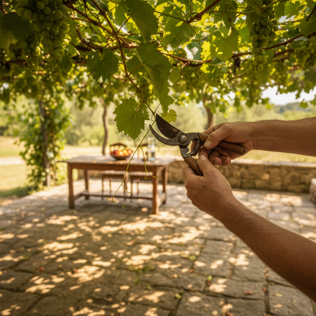 Pruning the Grapevine Canopy: Summer Shade Over the Stone Terrace — visual companion 2